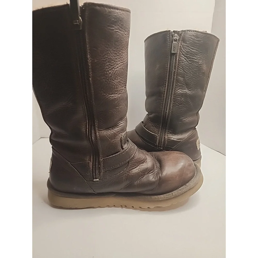Ugg Kensington Size 4 Brown Distressed Leather‎ 1969 Sheepskin Youth Boot Zipper